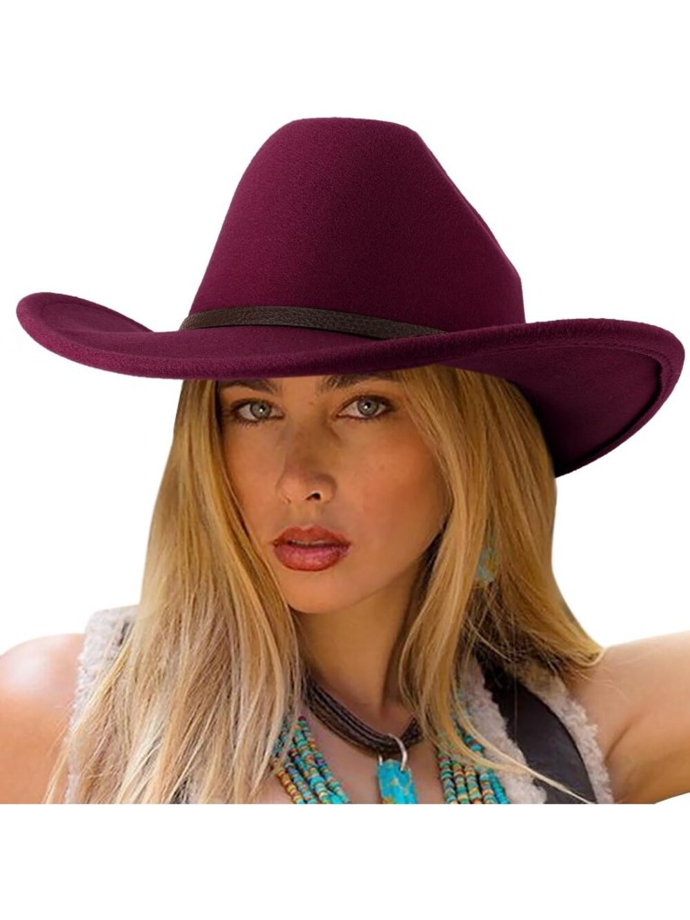 Unisex Burgundy Felt Wide Brim Cattleman Western Cowgirl Cowboy Rolled Up Hat